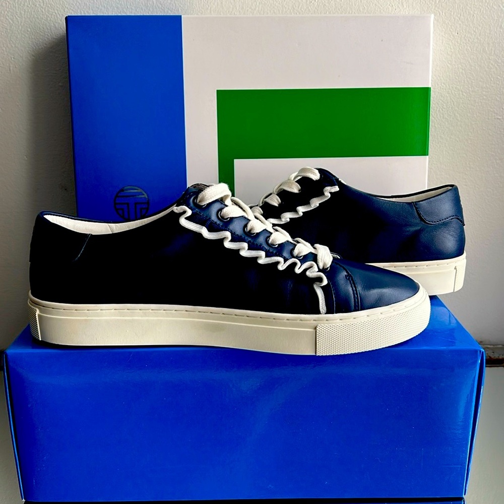 Tory Burch Blue Leather Low Top Sneakers Size 8.5